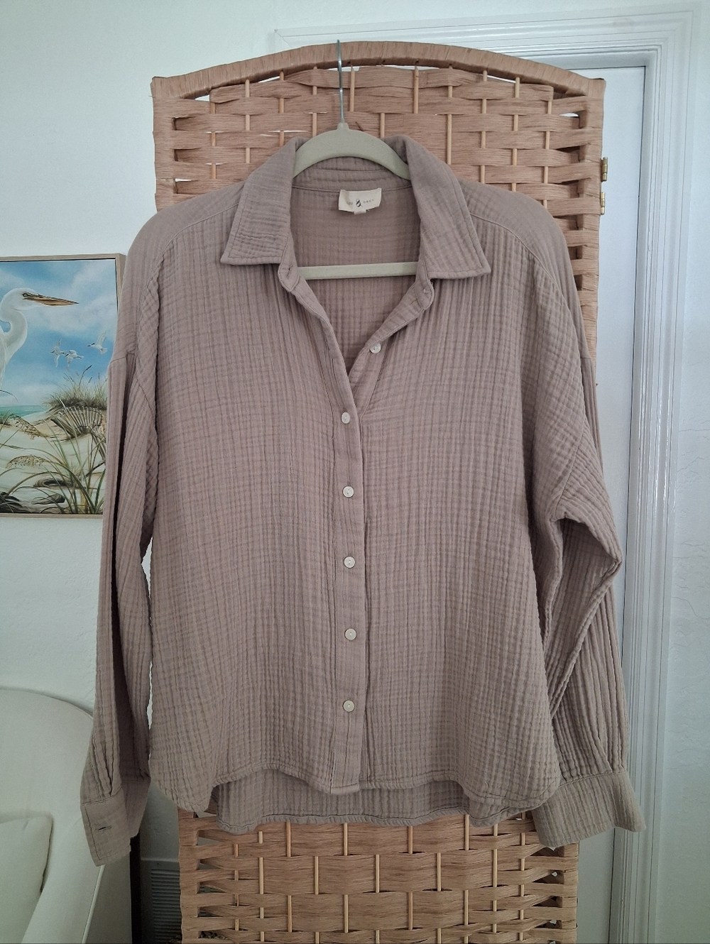 🤍 Lou & Grey Taupe Brown Gauze Button-Up Shirt Oversized Small 100% Cotton 🤍